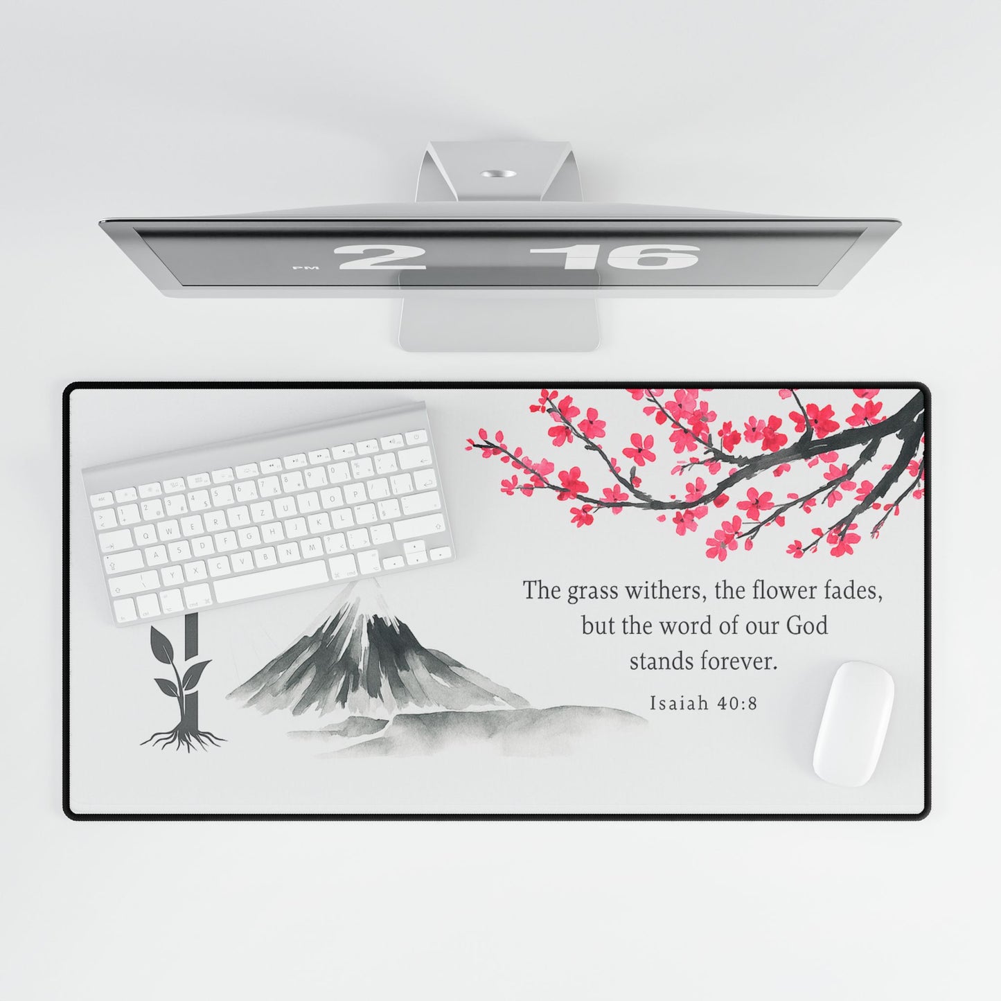 Inspirational Desk Mat with Cross and Mountain Design, Christian Office Decor, Bible Verse, Prayer Mat, Faith-Based Gifts