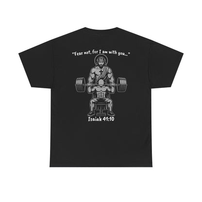 Jesus Spotting Bench Press – Christian Gym Shirt  Faith-Based Strength Unisex Heavy Cotton Tee