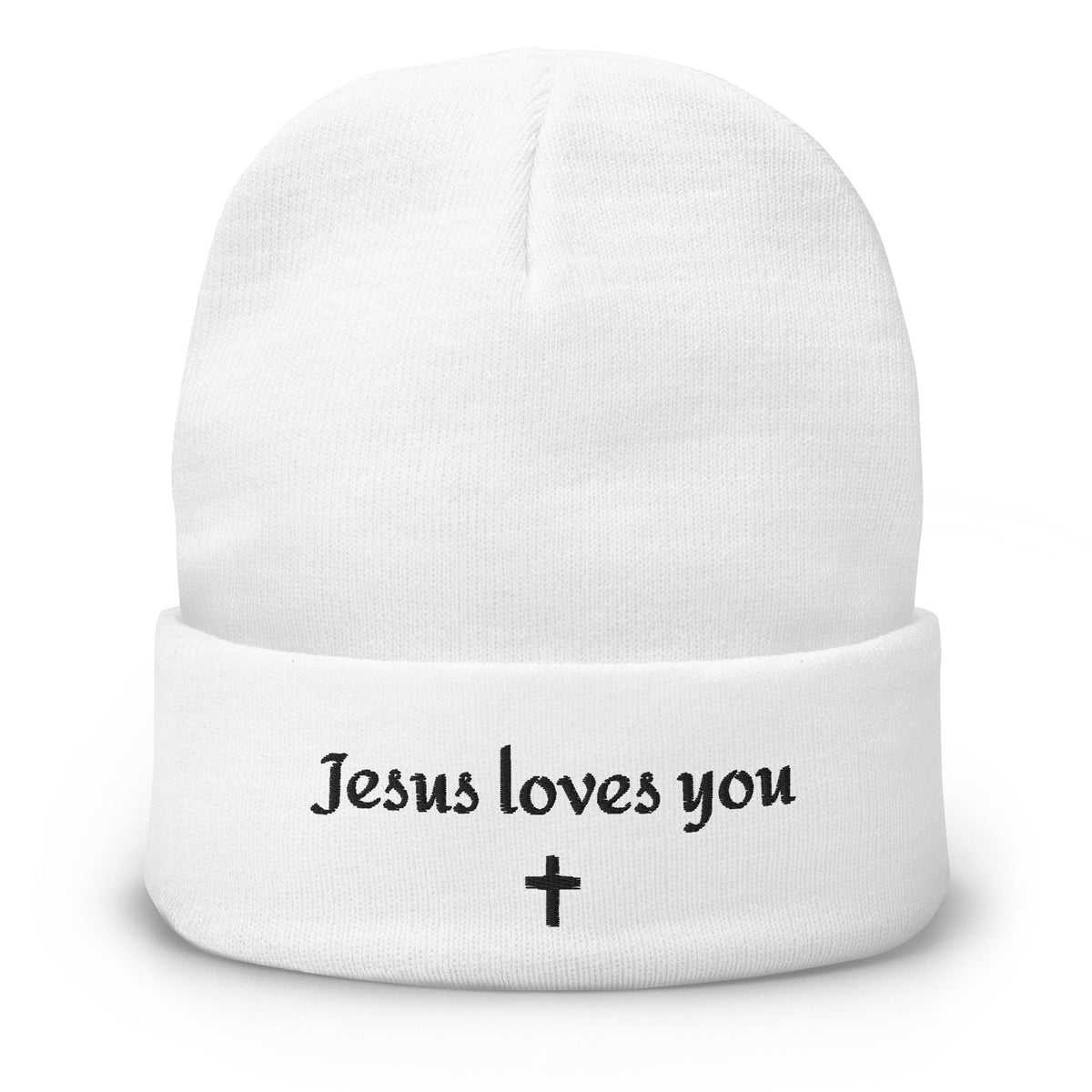 Jesus Loves You Embroidered Beanie with Cross